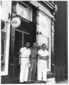 Lou Roberto, Robert (Lum) LaMendola, Pat Gramaglia in front of original Queen City location, 1957